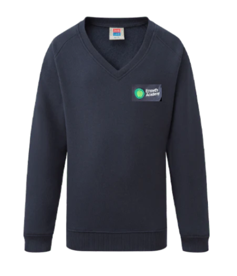 Navy V-Neck Sweatshirt with Emneth Embroidered Logo